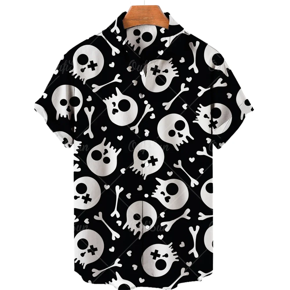 Motorcycle Streetwear Button Up Shirt Men Festival Daily Blouse, All Over Skull Crossbone Chain Full Print
