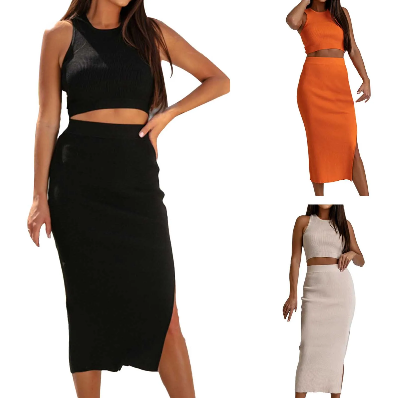 Women Summer 2 Pieces Outfits Solid Color Crew Neck Sleeveless Tank Tops Wrapped Hip High Slit Long Skirts Set