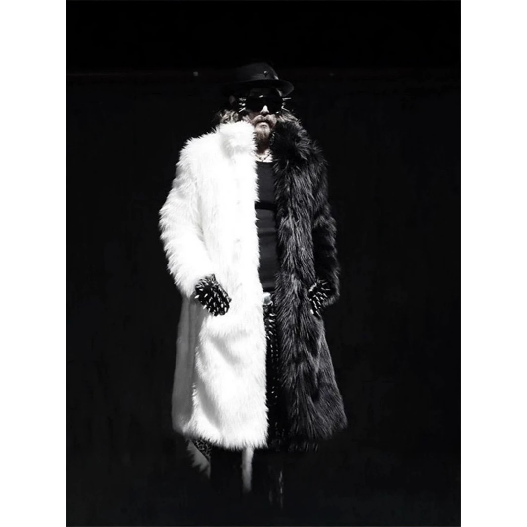 Men's Long Coat Fur Collar Patchwork Outerwear Mid-Length Black White Splicing Long Hair Jacket Stylish Winter Outerwear