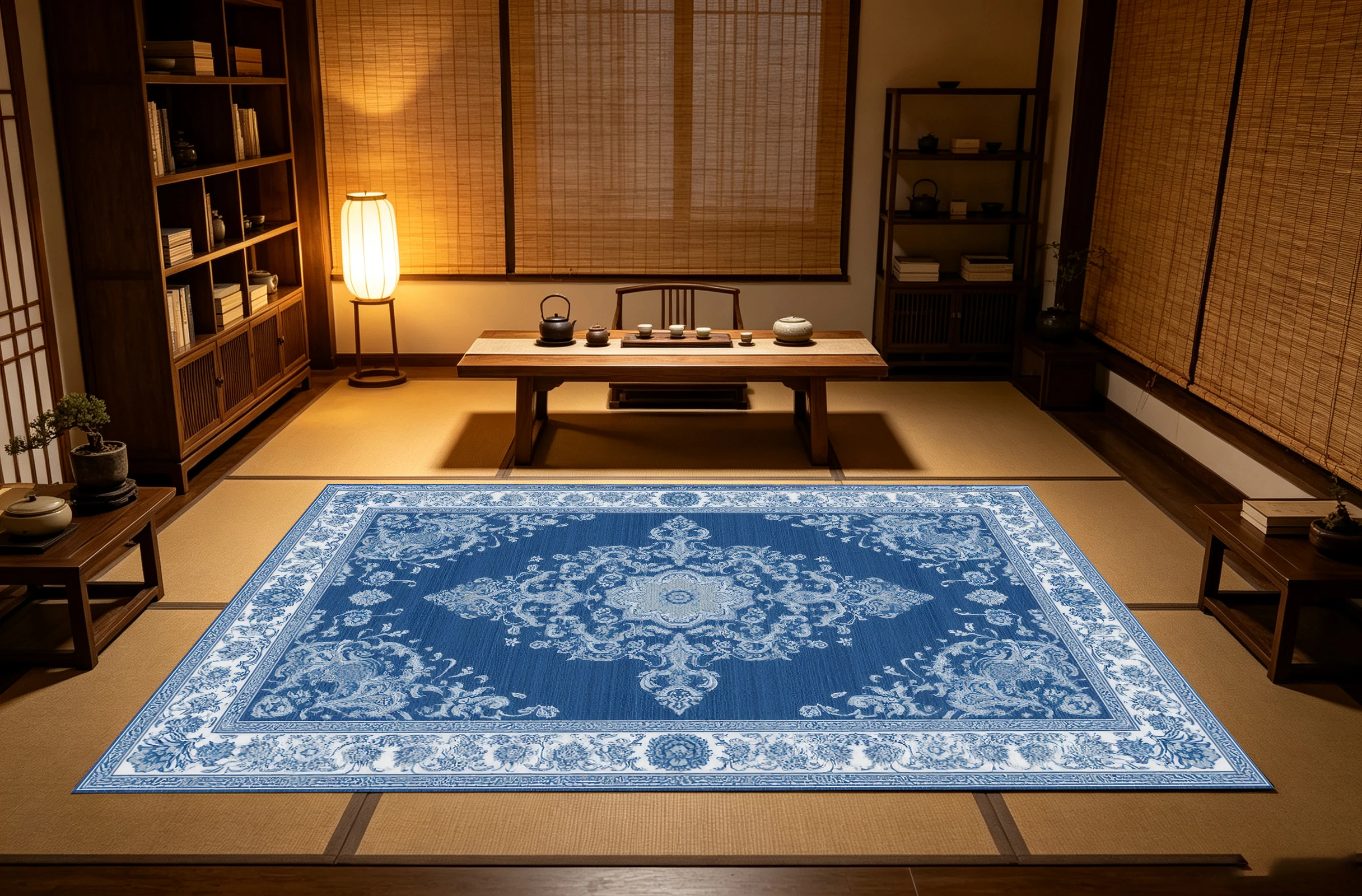 2D Navy Blue European Retro Patterned Rug, Comfortable Underfoot, Suitable for Living Room & Bedroom, Enhances the Space
