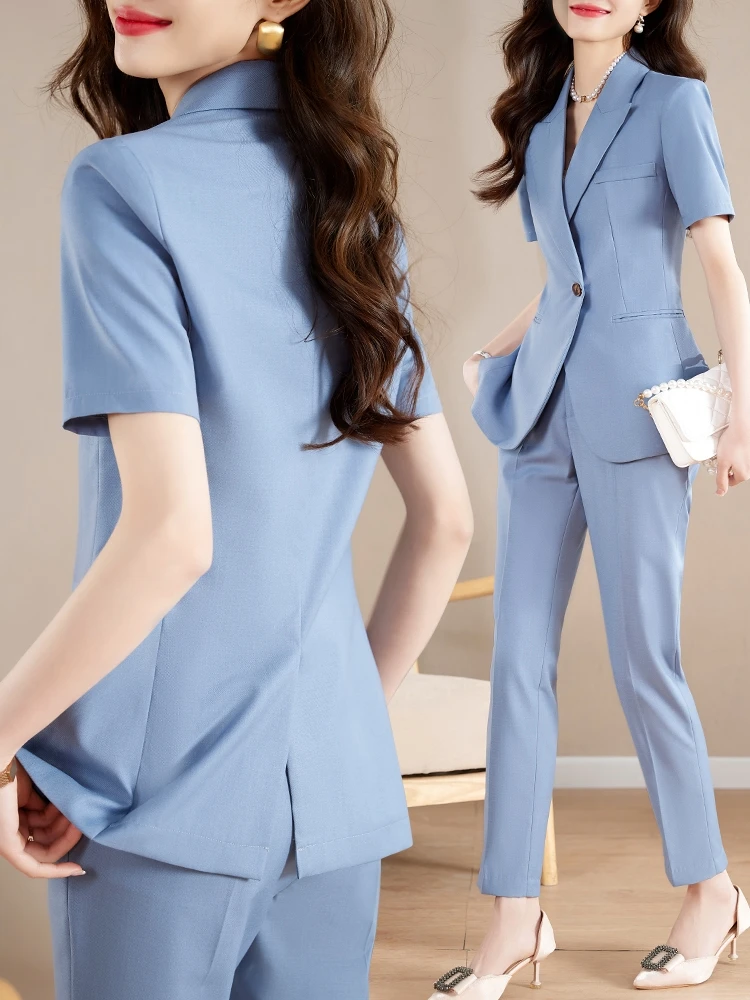 

Elegant Short Sleeve Women's Business Suit Set Casual High-End Jacket Summer plus Size Korean Style Commute Polyester Fiber