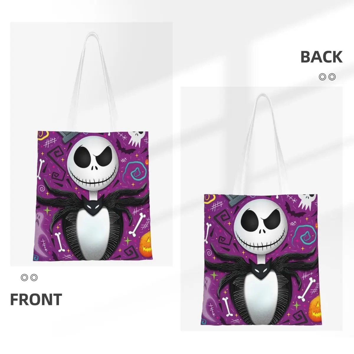 Custom Tim Burton Christmas Horror Movie Shopping Bag Shoulder Canvas Tote Bag Durable Halloween Skull Jack Sally Shopper Bags