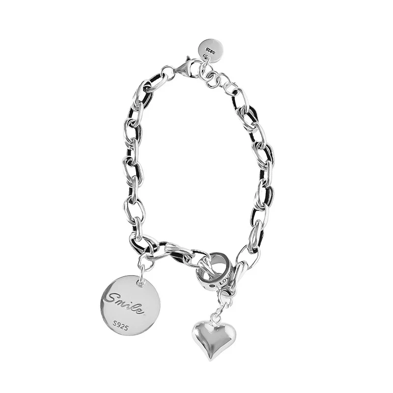 925 Sterling Silver Bracelet for Women Men Trendy Vintage Geometric Heart Love Lucky Cat Thai Silver Punk Fine Jewelry Wholesale