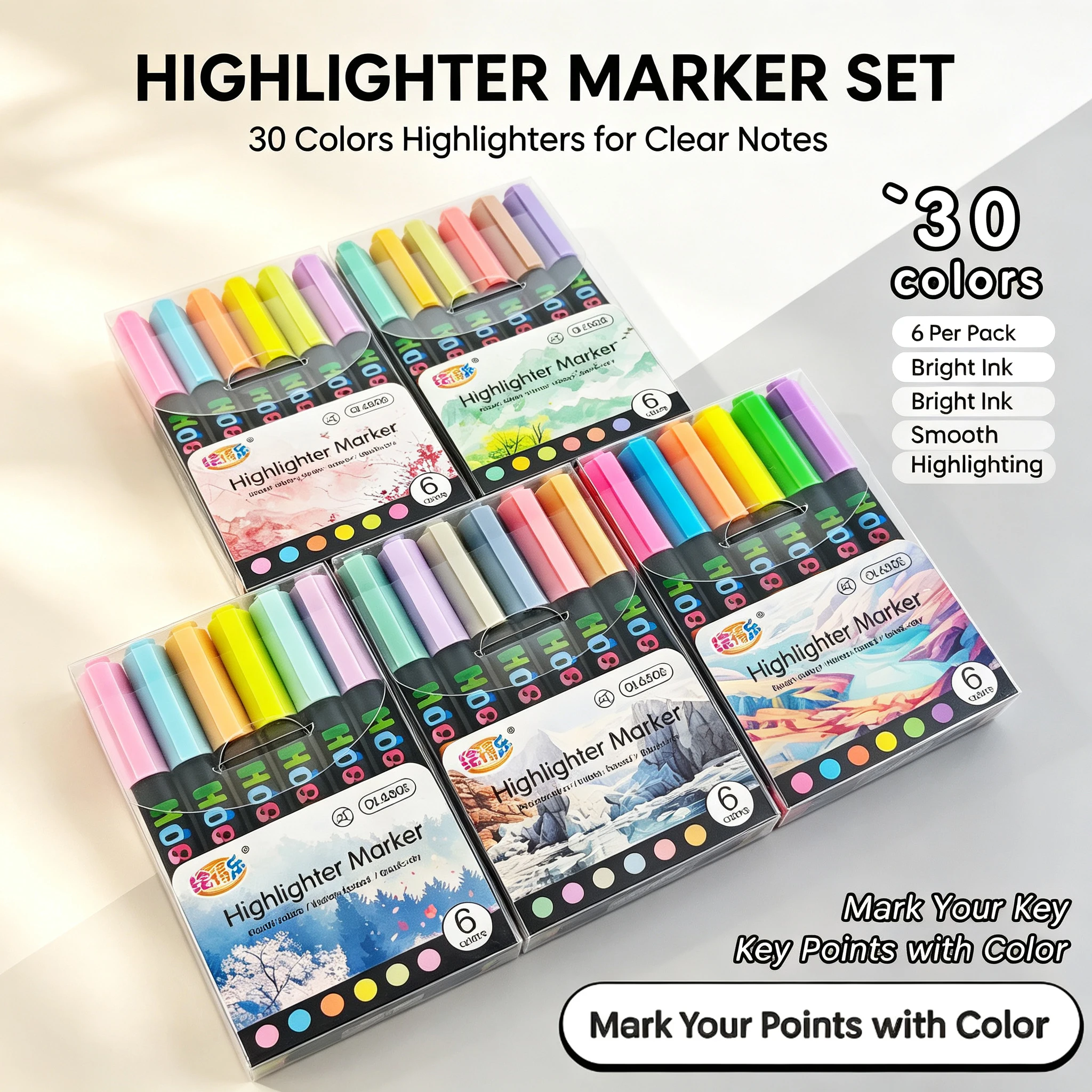 6Pcs Chisel Tip Fluorescent Highlighter Pen Set Quick‑Dry Assorted Marker for Studying Student School Office Stationery Supplies