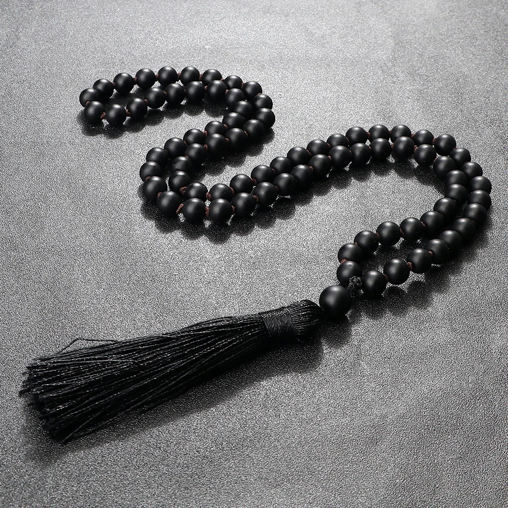 Matte Black Stone Necklaces Men Buddhist Prayer Healing Rosary Shiny Beads Necklace Women Jewelry Energy Lucky Charms Yoga Gift