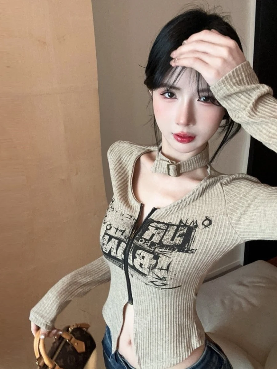 American Style Sweet Cool Spicy Girl Print Split Belly T-Shirt Hanging Neck Design Versatile Slim Knitted Short Top for Girls