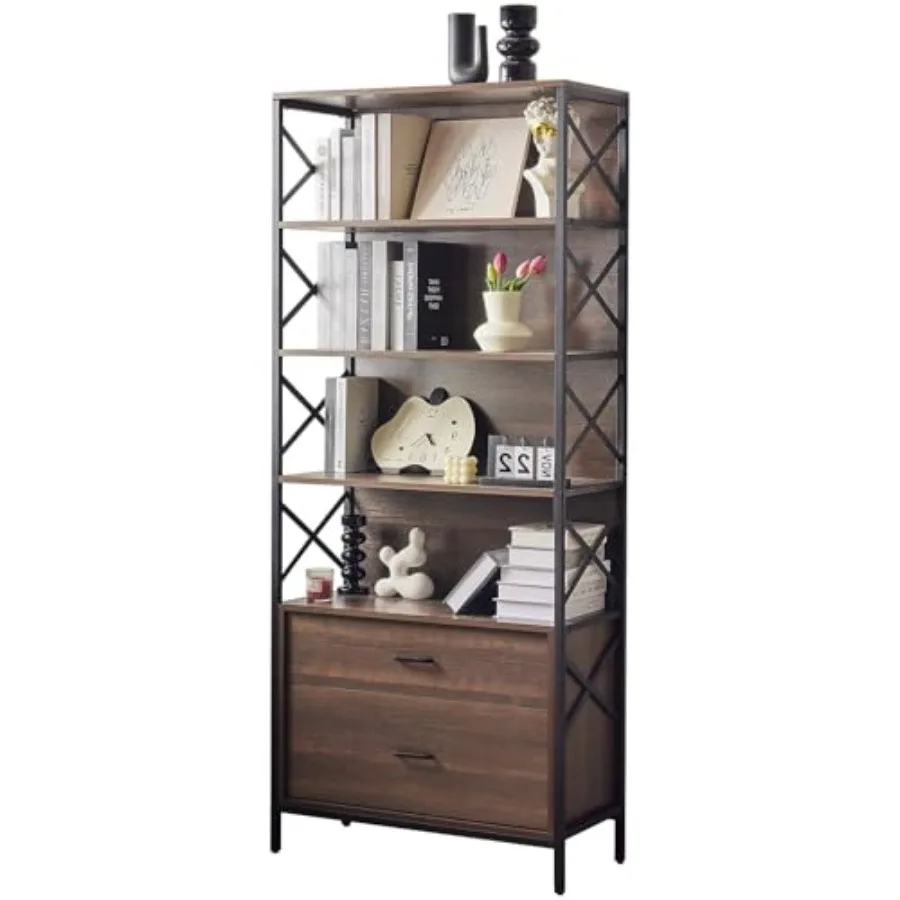 رف كتب صناعي من Redlife مع أدراج 74 خزانة كتب ريفية طويلة 5 أرفف كتب مع رف مفتوح لتخزين عرض المعادن الخشبية