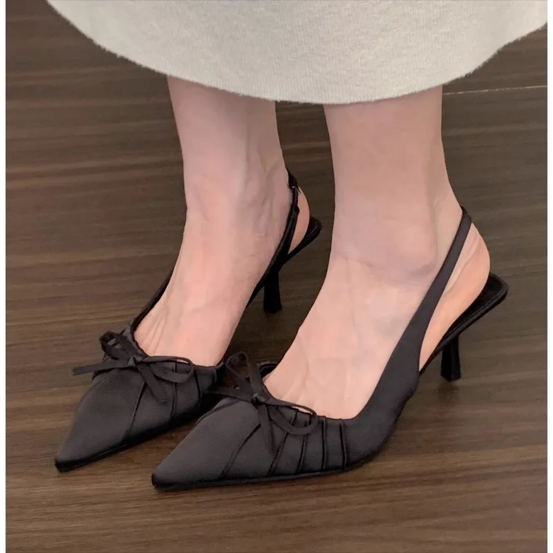 

Summer New Fashion After The Ring Belt Sexy Banquet Bow Women's Shoes Pointy Comfortable Solid Color Elegant High Heel Sandals