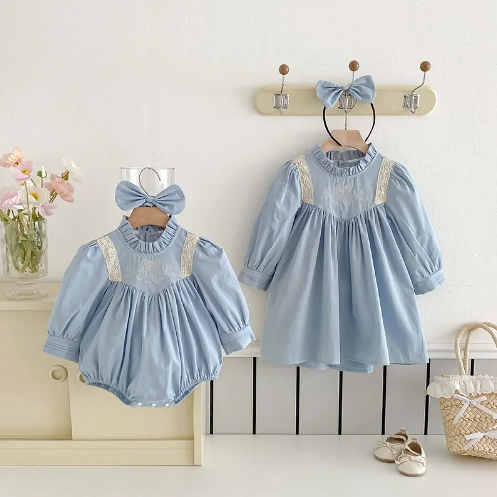 

Korean Version Plain Color Girls' Dresses Autumn New Baby Jumpsuit Blue Lace Stitching Sweet Children's Clothing Sisters Dress