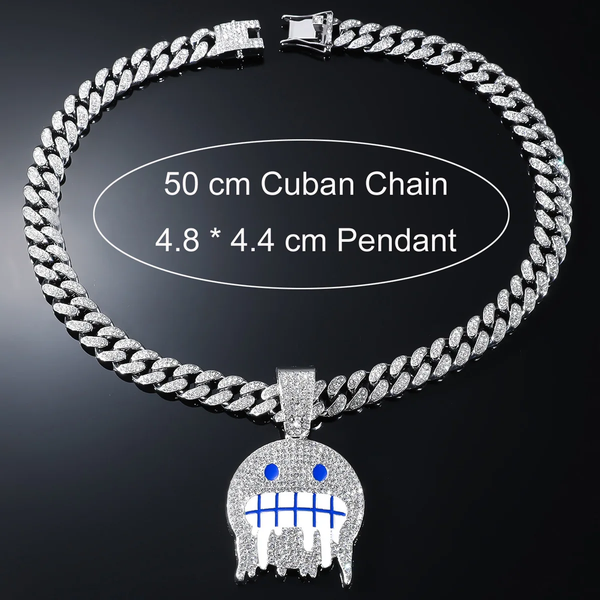 Men White Blue Cubic Zirconia Paved Hip Hop Round Face Pendants Necklaces with Cuban Chain Iced Out Bling  Fashion Boy Jewelry