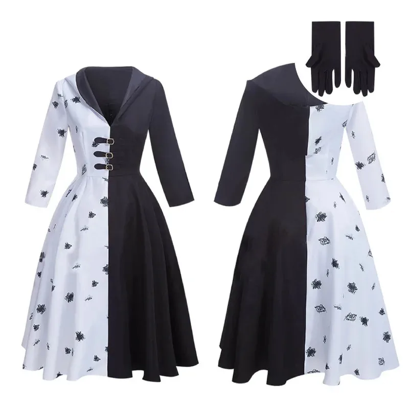 فيلم 101 Loyal Dog Cos أبيض وأسود ساحرة Cruella Deville Cos فستان أداء المسرح زي الحفلات