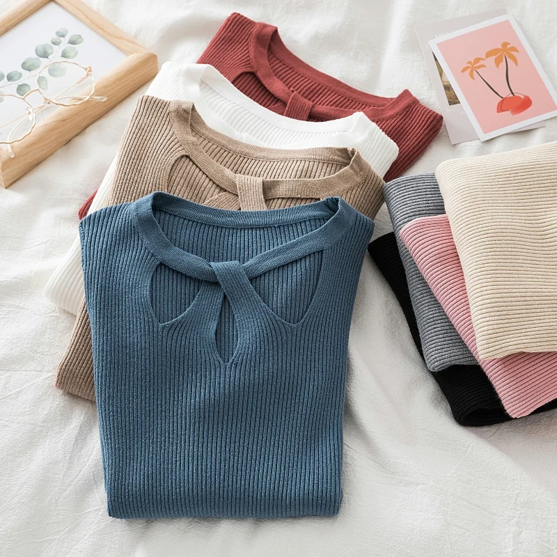 

Sexy Hollow-out Knitted Women Sweater Ribbed Pullovers Autumn Winter Basic Sweaters Female Slim Fit Pullovers Soft Warm Tops