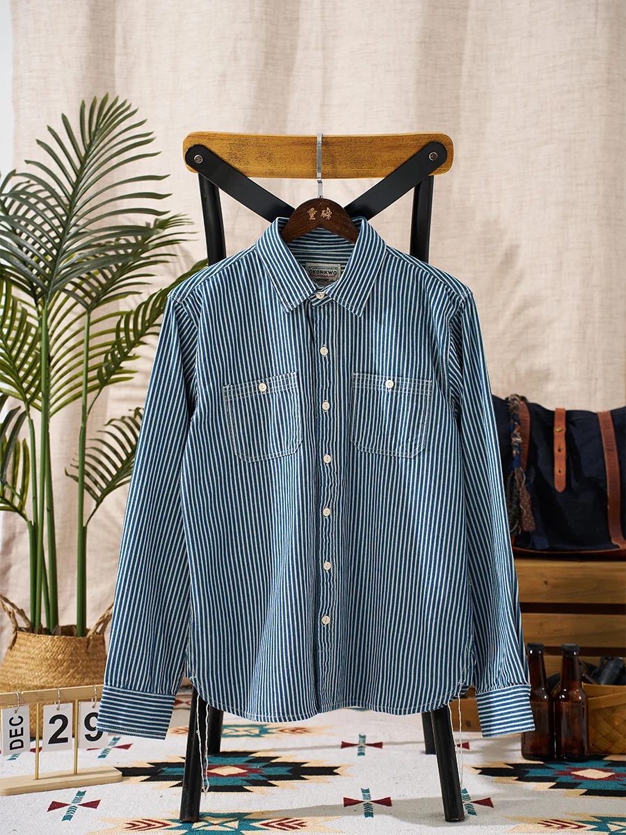 

New Vertical Striped Men's Shirt, Casual And Versatile Layered American Retro Men's Workwear Long-Sleeved Shirt