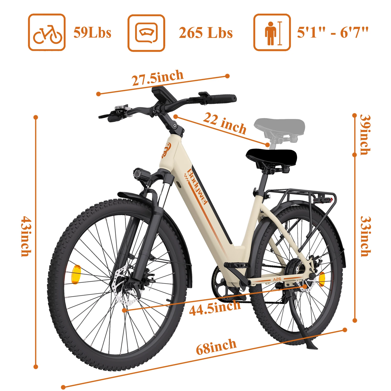 Bodywel A26 elektrische fiets, 26 inch commuter e-bike, 36V 13Ah uitneembare accu, 7-versnellings elektrische stadsfiets voor volwassenen, EU verzending