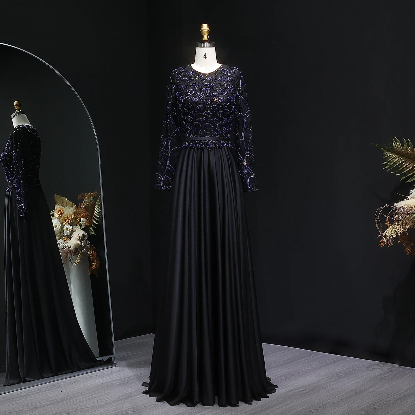 

Sharon Said Elegant Black Evening Dress with Sequins Beads Full Sleeves for Women Wedding Party Prom Gown 2025 SF320 Customized