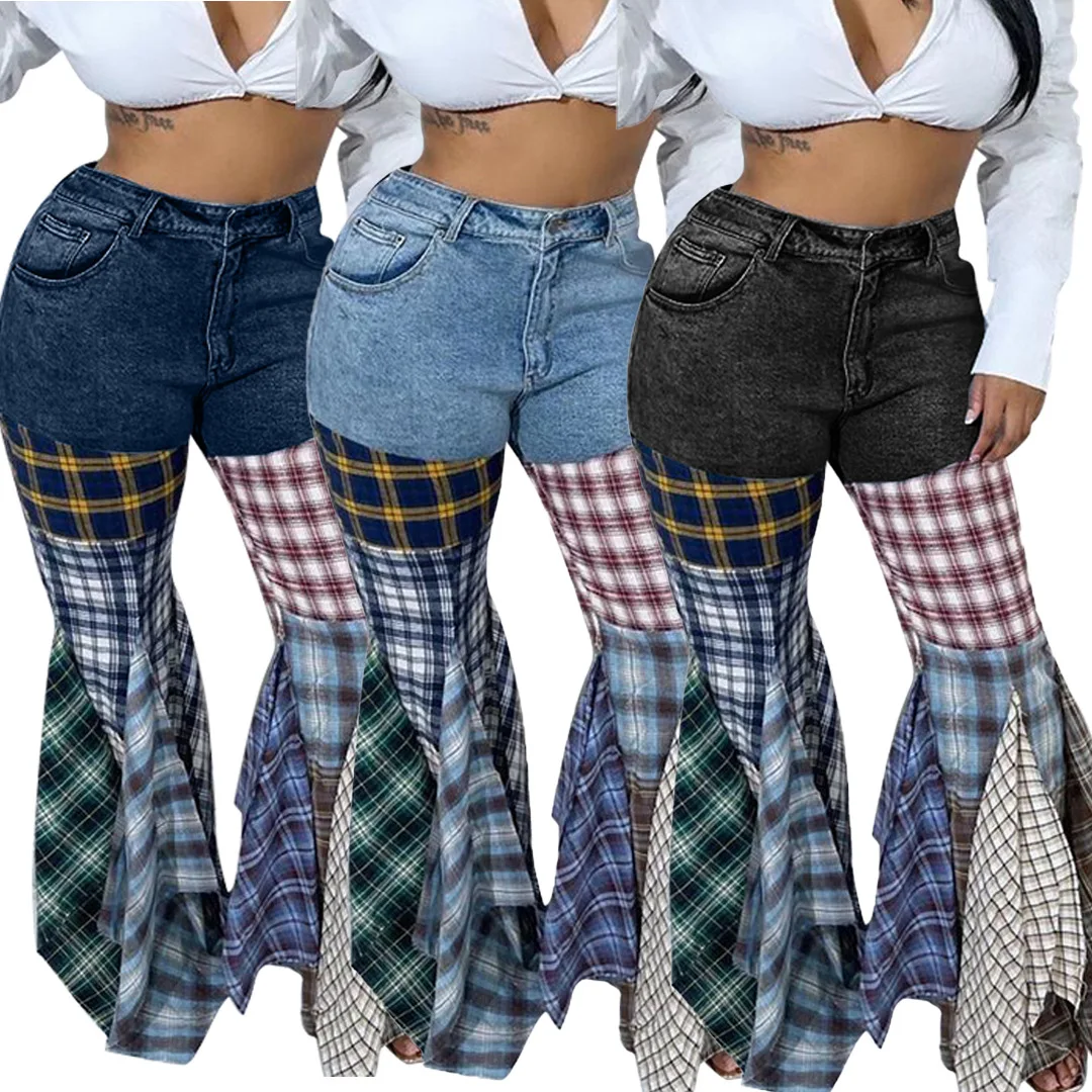 

Y8758 European and American women's fashion stitching houndstooth horn denim ruffled trousers