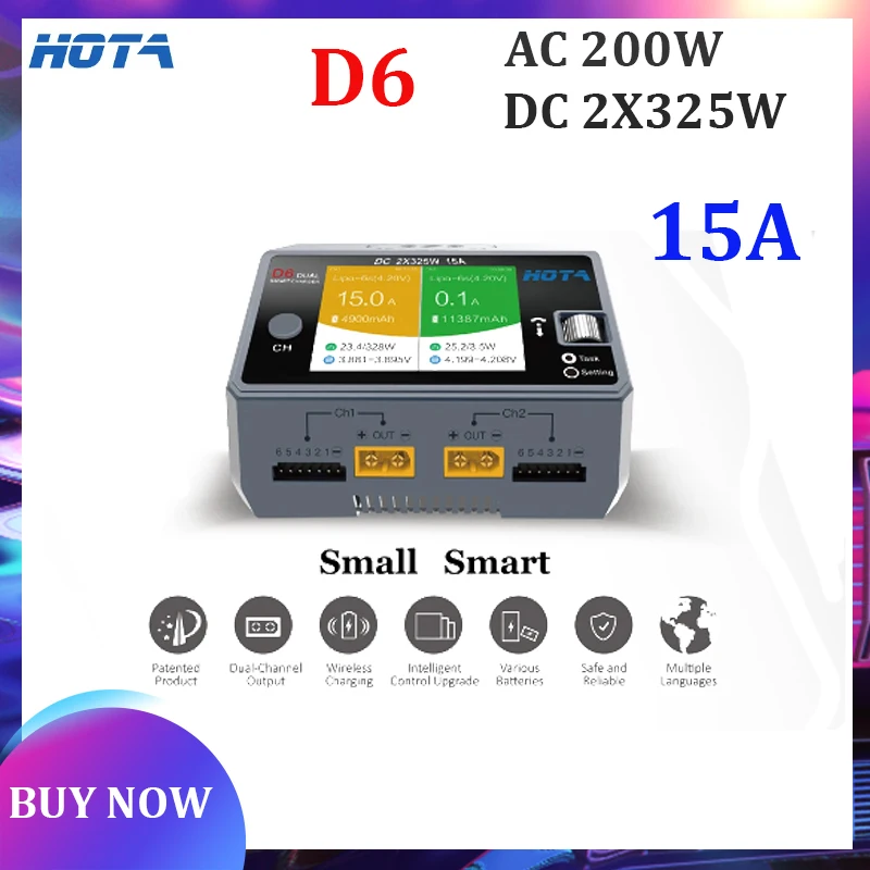 

HOTA D6 AC 200W DC 650W 15A D6 DC 2X325W 2X15A Charger With Wireless Charging for 1-6S Lipo LiHV/NiZn/Nicd/NiMH Battery