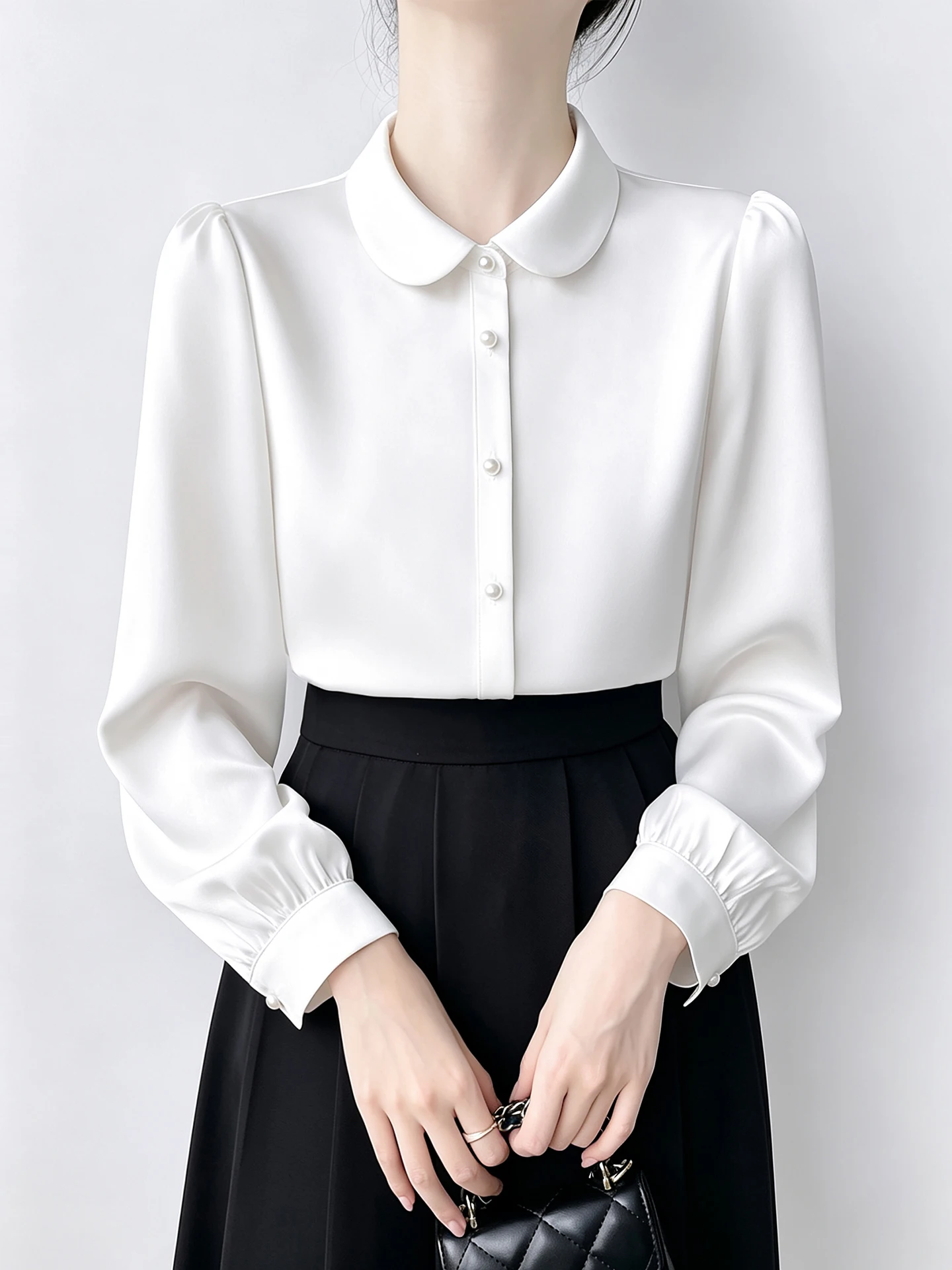 White Silk Feel Women's Shirt Korean Style Commute Fashion Doll Collar Long Sleeve Breathable Polyester Fiber Button up Shirt