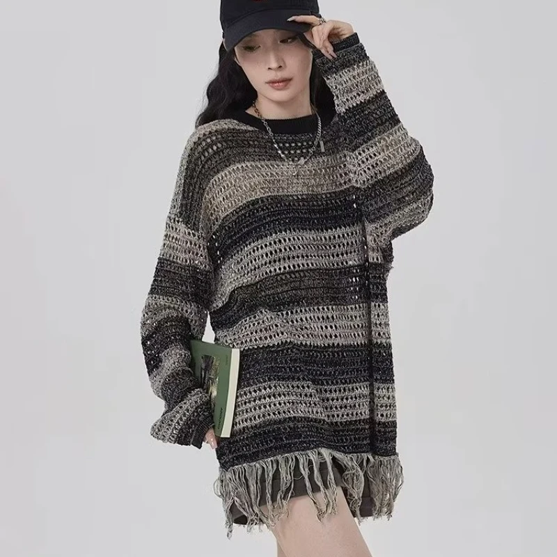 Women Sweaters Hollow Out Knitting Outwear Stripped Tassel Refreshing Contrast Color Spring Leisure Knitwear Daily Streetwear