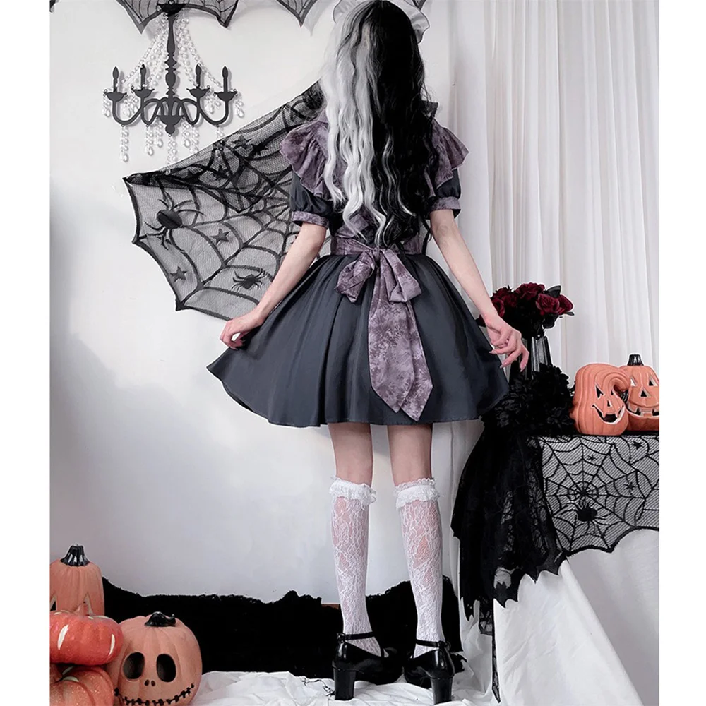 Japanese Halloween Gothic Mini Cosplay Party Dress Holiday Patchwork Black Vintage High Waist Punk Grunge Slim 90s Club Dresses