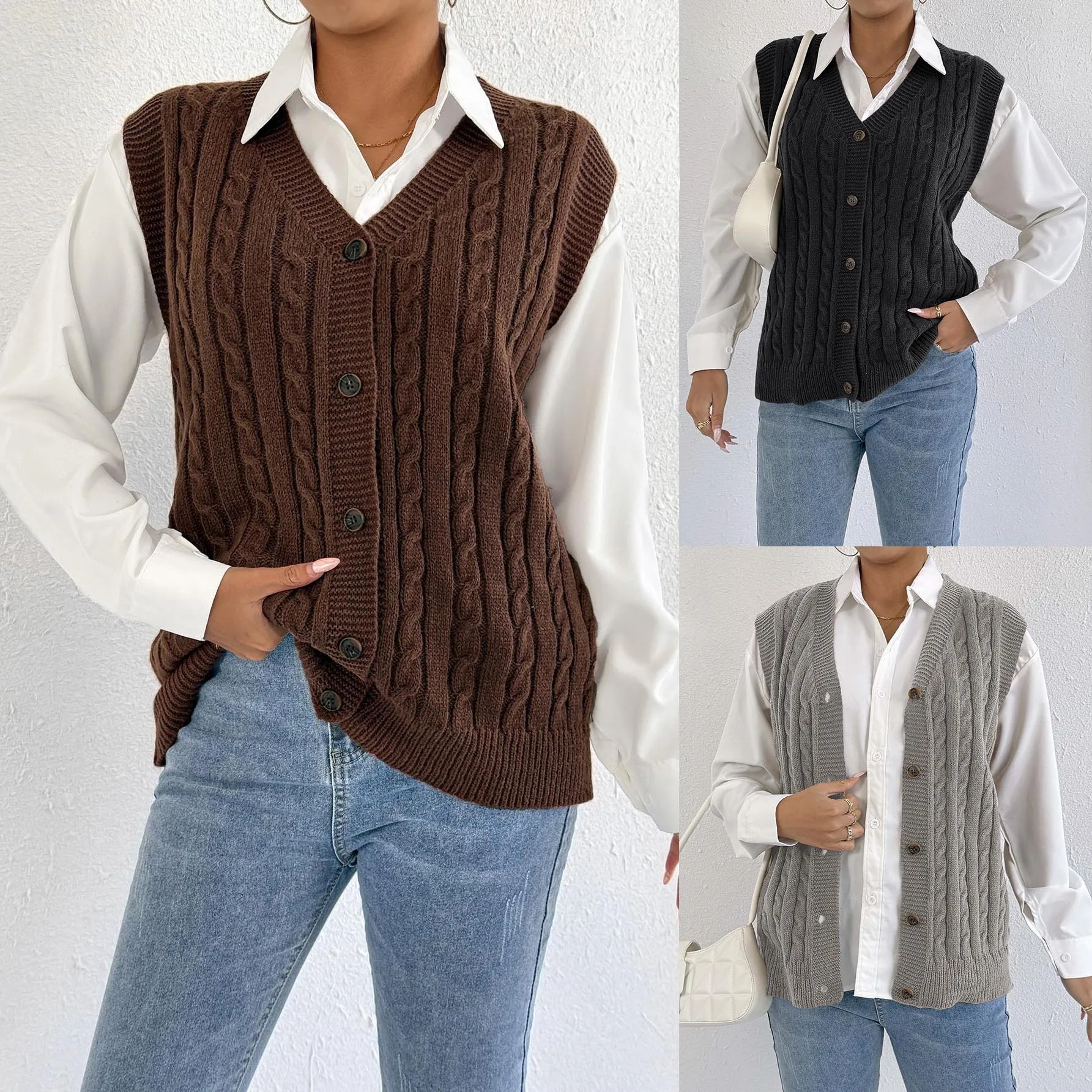 

Women's Knitted Cardigan Casual Twist Woven Sweater Vest Autumn Winter Outerwear European American Style M507
