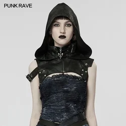 PUNK RAVE Women's Gothic Performance Punk Rock Unisex Steampunk Party Cospaly Hooded Black Accessory Crack Fabric Stitching