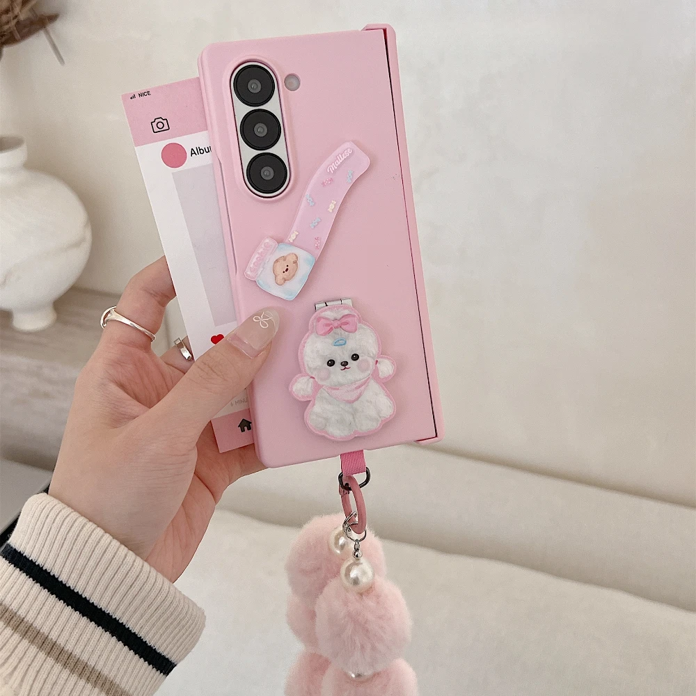 Cute Bear Stand Strap Hinge Case For Samsung Galaxy Z Fold 3 4 5 zfold5 Protective Cover