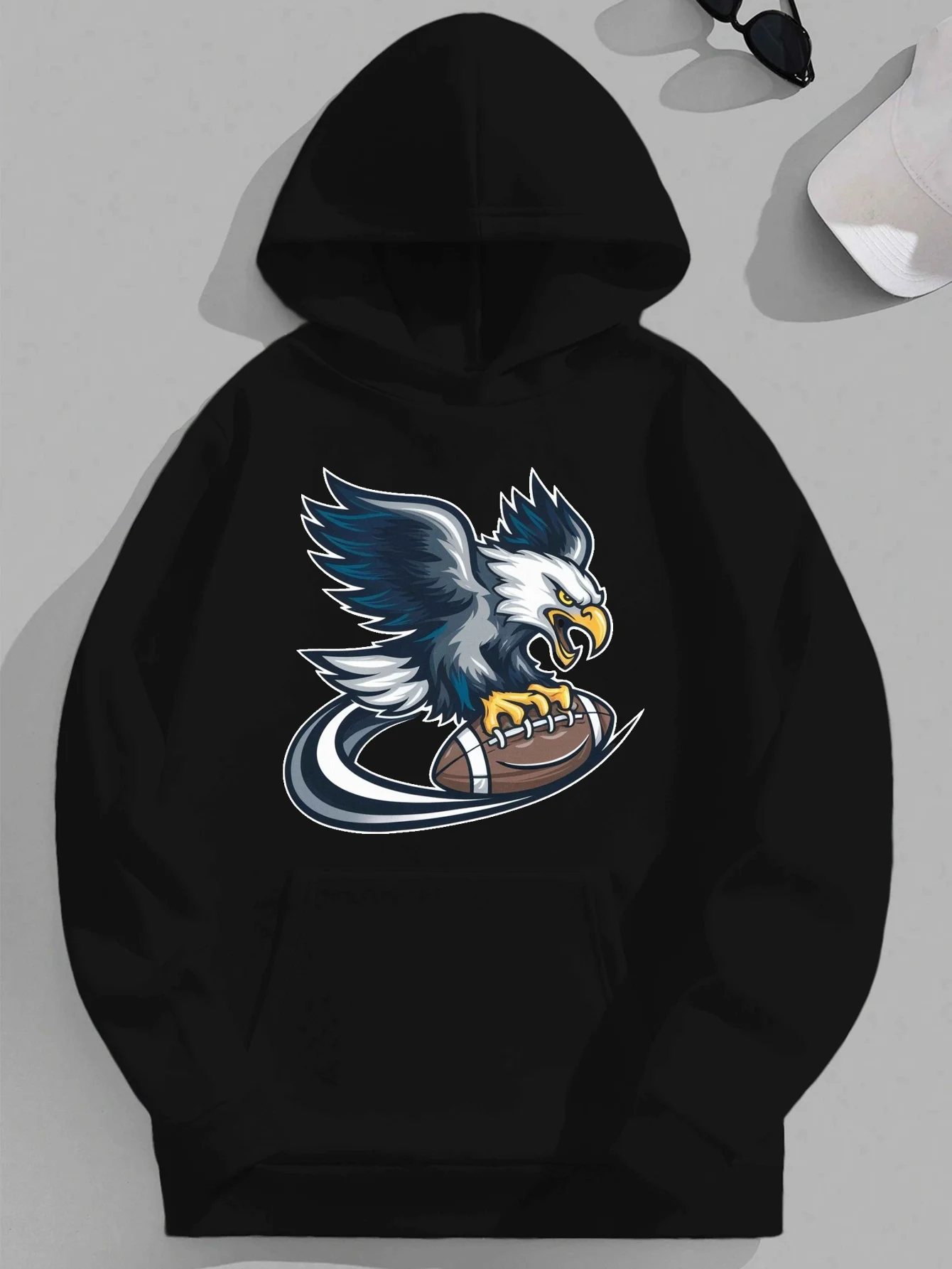 

Men's Rugby Eagle Pattern Hoodie, Eagle and Rugby Print, Long-sleeved Pullover, Comfortable Hooded Sweatshirt