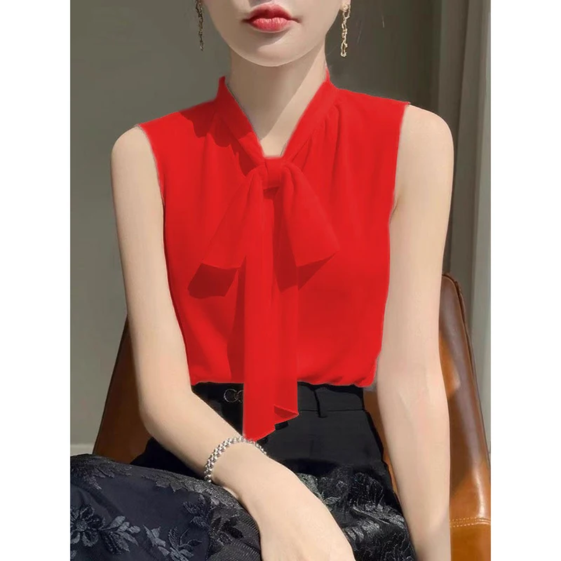 Elegant Chiffon Sleeveless Vest Women's Outerwear High-End Summer Suit Inner Match Bow Tie Shirt Top Korean Style Loose Fit
