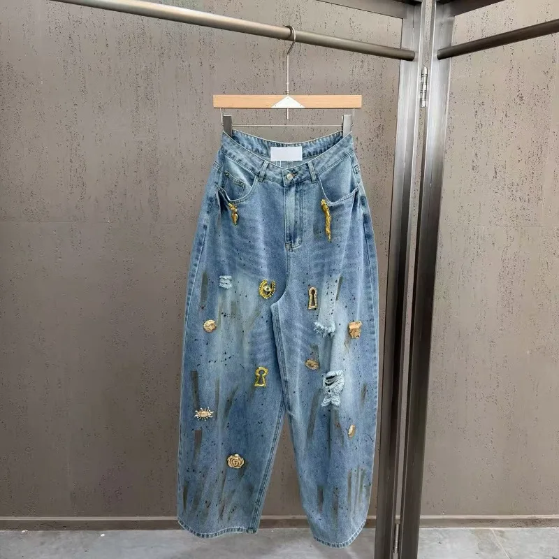 Women High Waist Baggy Wide Leg Jeans, American Vintage Splash Ink Ripped Denim Pants, Heavy Metal Loose Baggy Trousers
