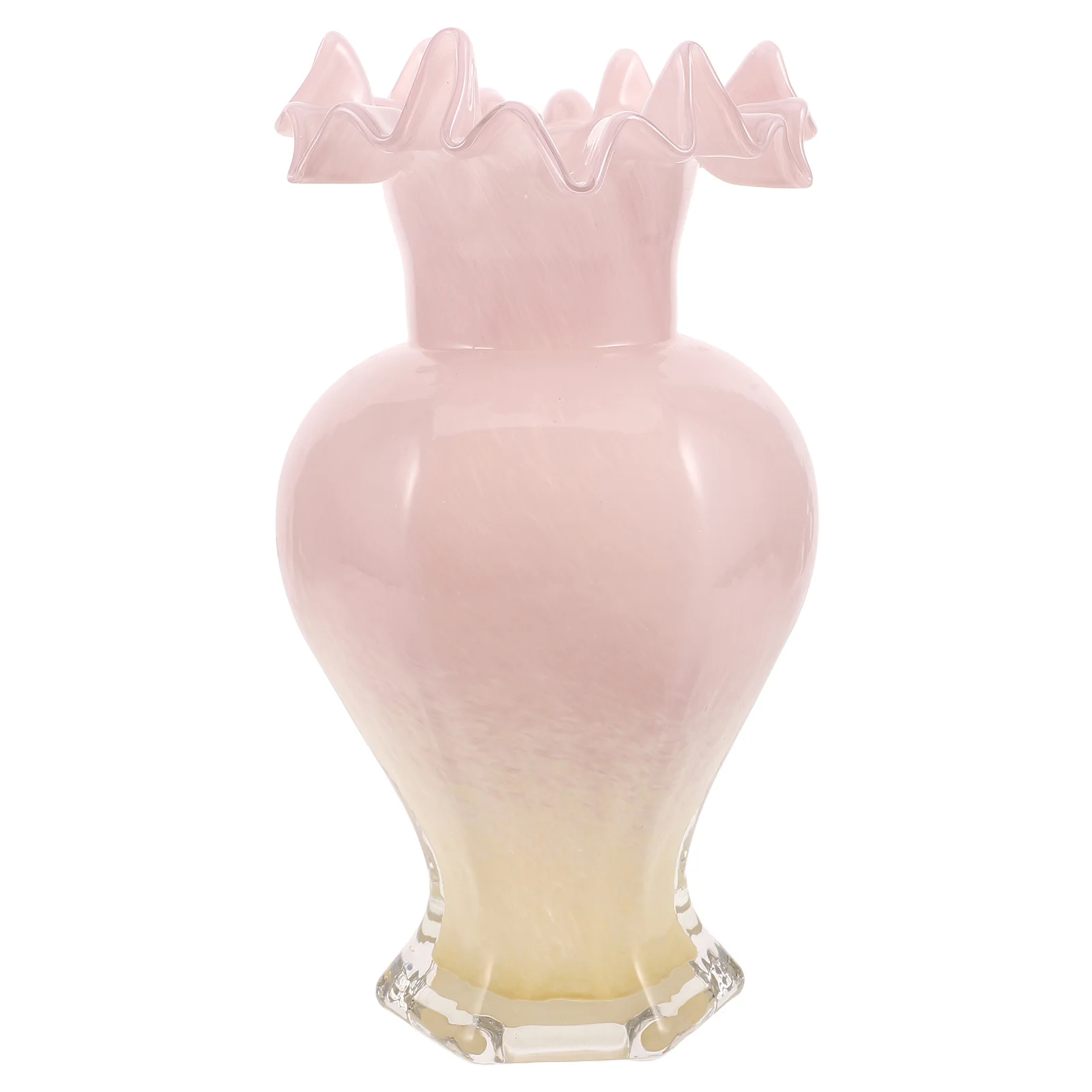 

Handblown Pink Glass Vase Pearlescent Wave Rim Artistic Flower Pot Tabletop Home Decor Centerpiece Glass Planter Bulb Vase
