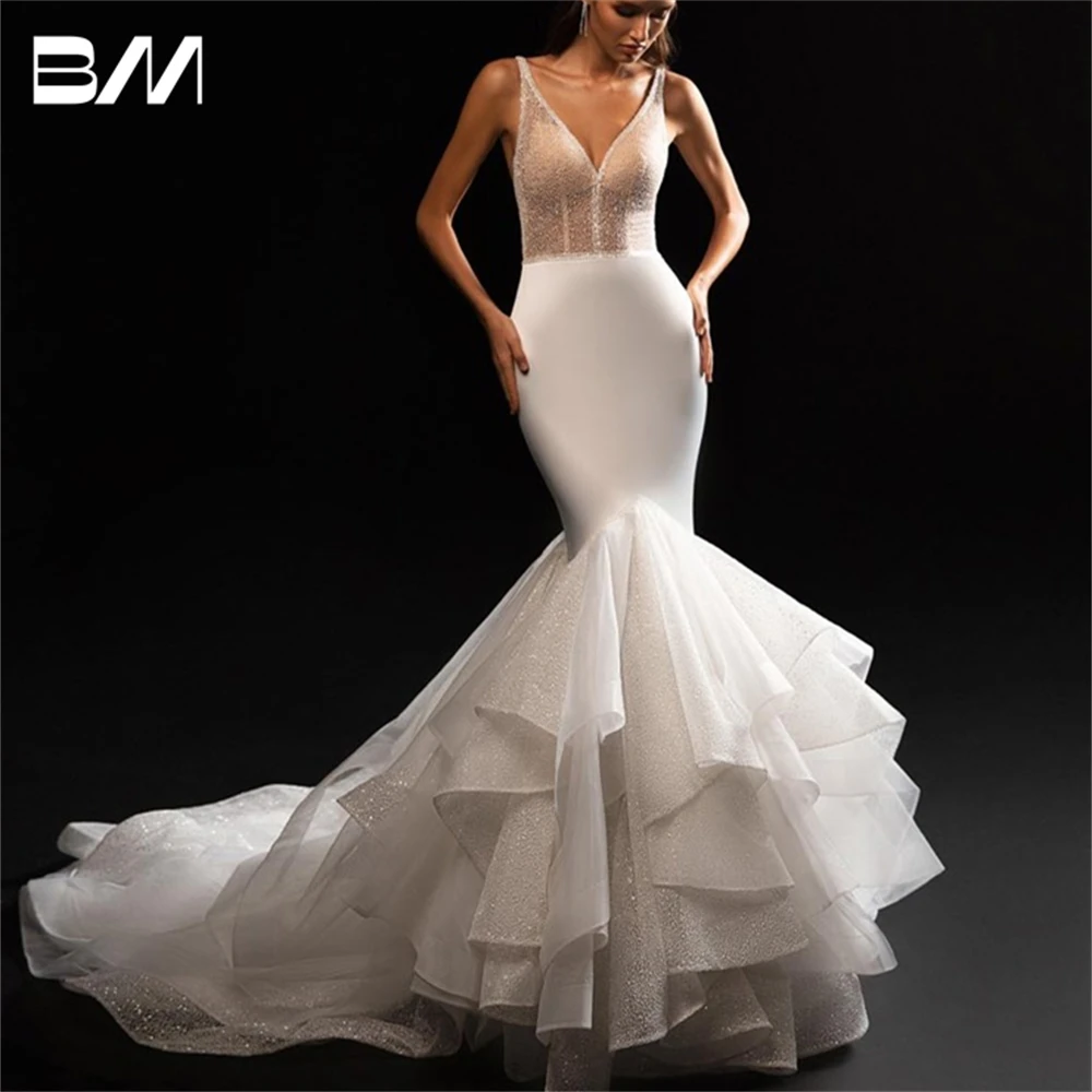 

Ruffled Tulle Mermaid Bride Dresses Customized Spaghetti Straps Wedding Dress for Women 2025 Sequined Illusion Bridal Gown