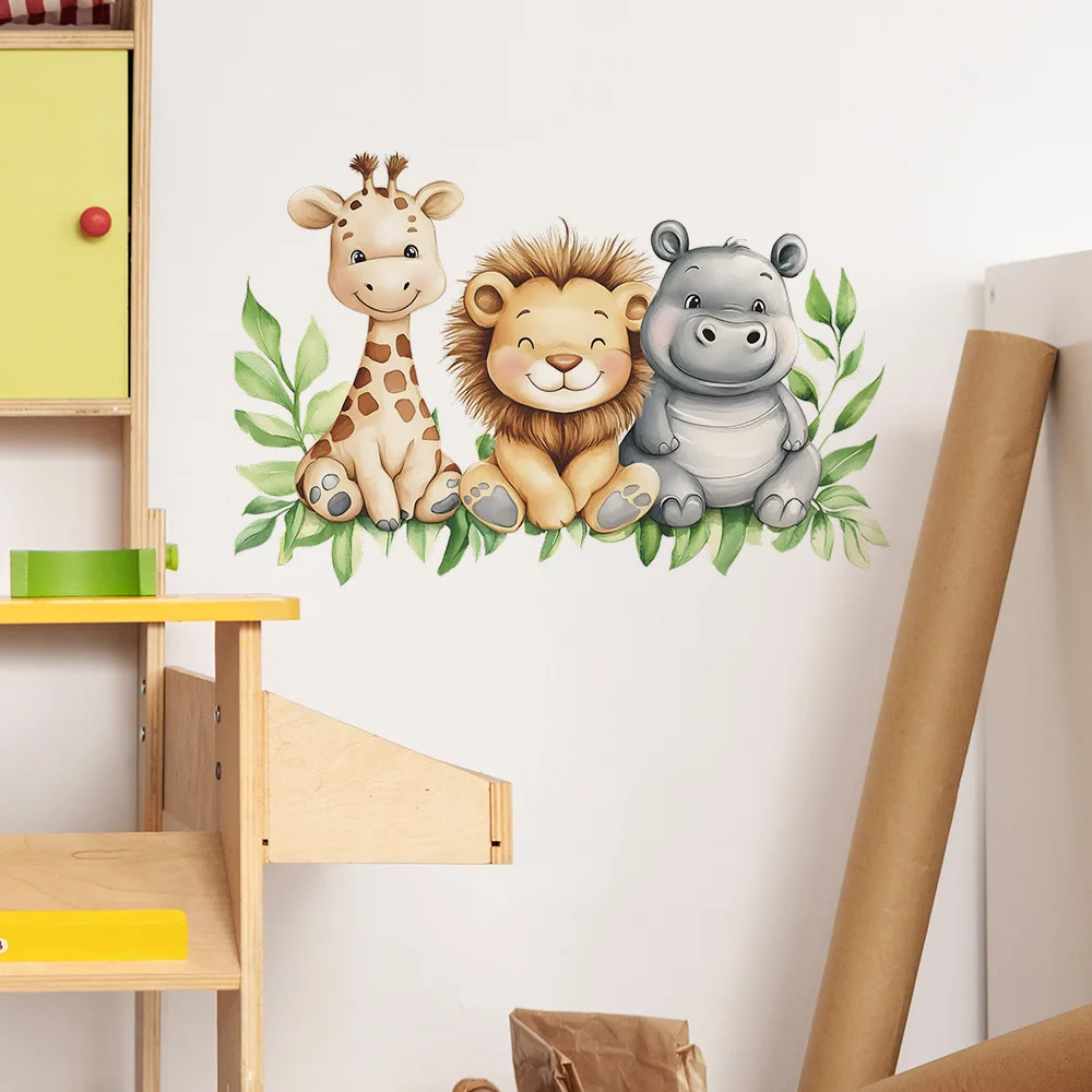 Cartoon Giraffe Lion Hippopotamus Wall Sticker Kids Room Bedroom Background Decoration Wallpaper Home Decor Self-adhesive Decals