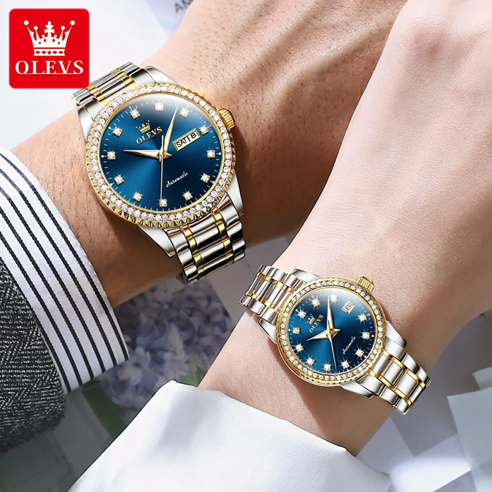 OLEVS New Fashion Mechanical Lover Watch Top Brand Luxury Stainless Steel Waterproof Week Date Automatic Couple Watch Men Women