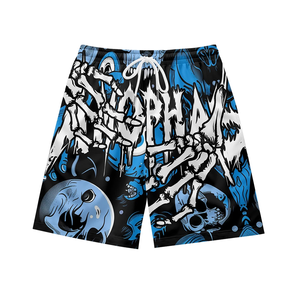 Trendy skull pattern, suitable for daily wear, casual trend, summer men's drawstring beach sports shorts