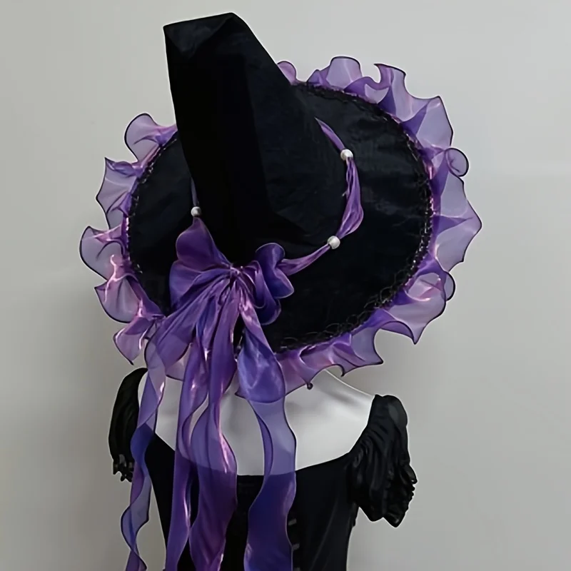 Halloween Witch Wide-Brim Pointed Top Wizard Hat Gothic Style Holiday Cosplay Costume Accessory Handmade Large Brim