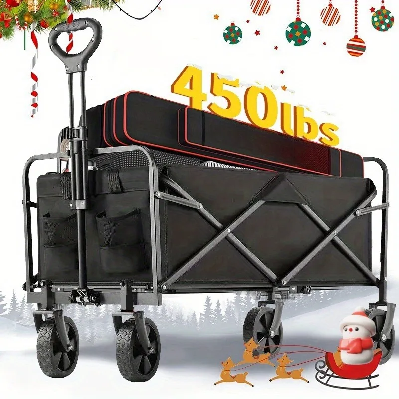Heavy Duty Folding Garden Wagon 450LBS Capacity Adjustable Handle Portable Canvas Utility Cart for Outdoor Camping Grocery Shopping