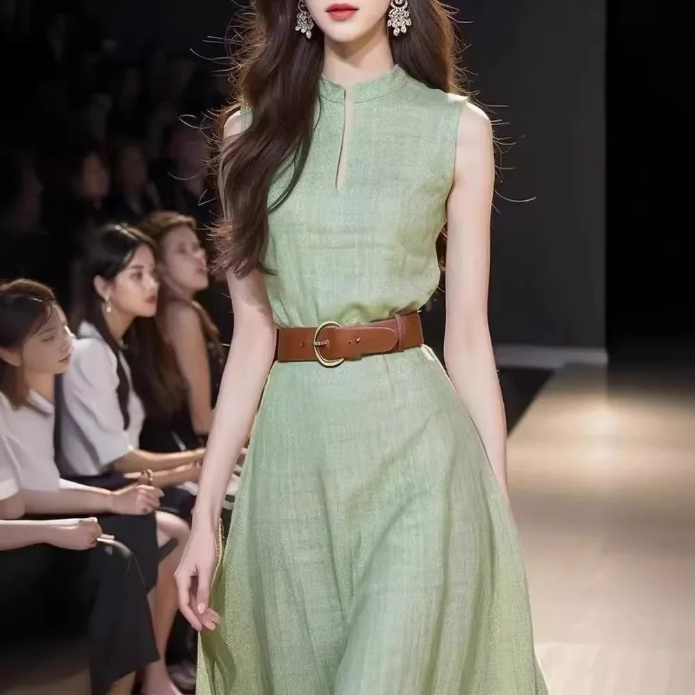 Elegant Green Long Dress Without Sleeves For Women Summer Style French High End Classical Airy Female Fashion Green Gown