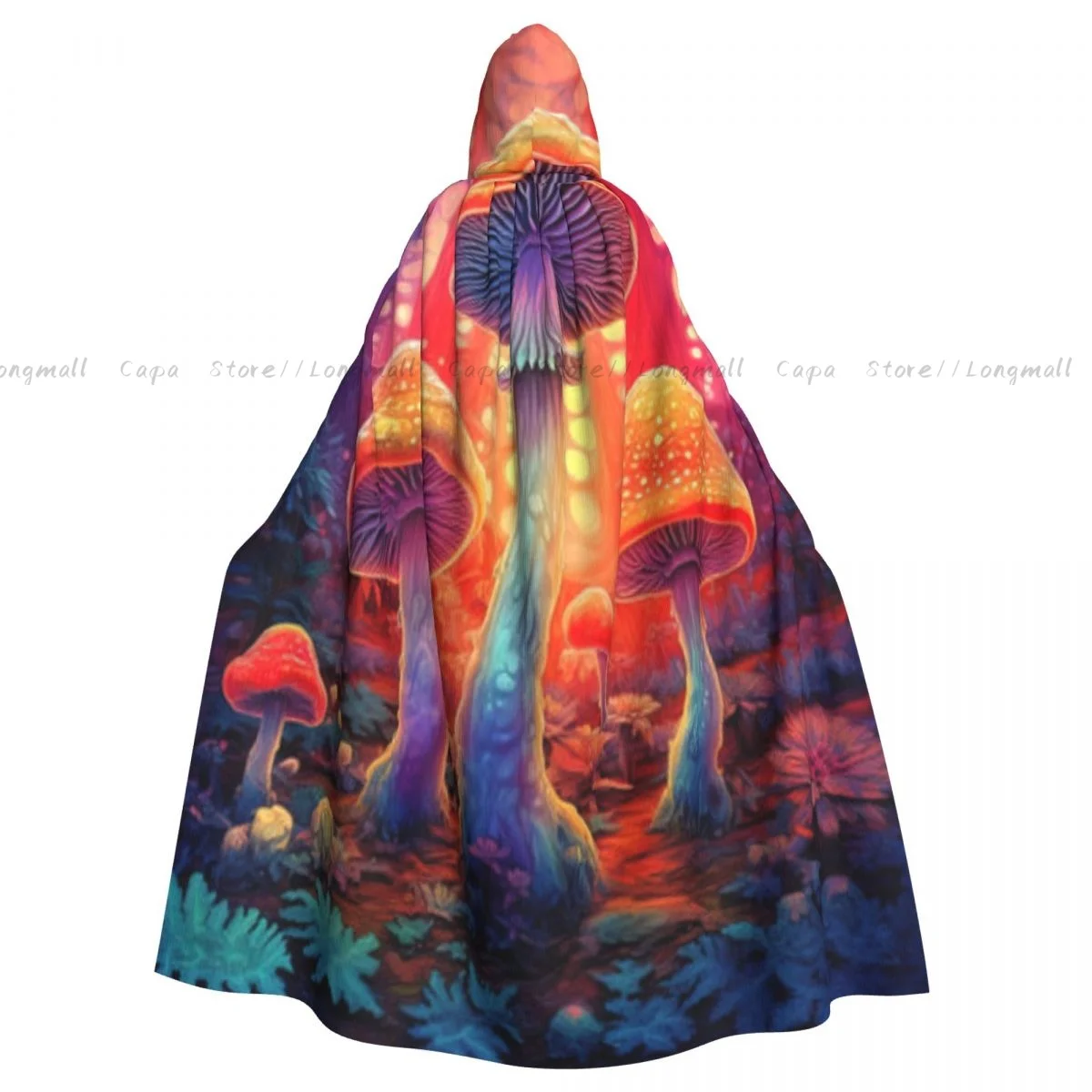 Adult Halloween Colorful Mushrooms Forest Cloak Cape Hooded Medieval Costume Full Length Dress Coat