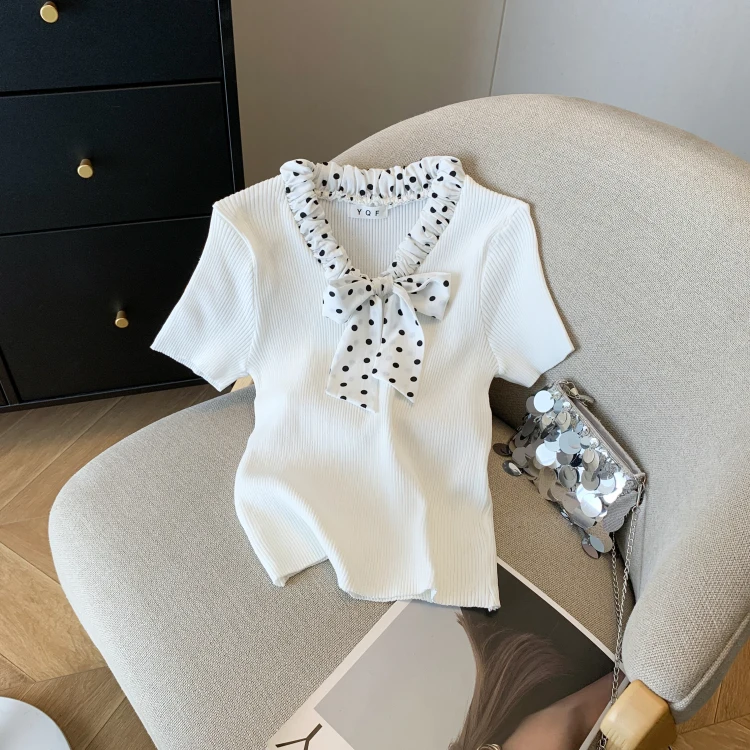 スタイリッシュなボウタイセータートップス女性 2025 夏半袖スリムニット Tシャツニットエレガントな韓国のファッションレディースジャンパー