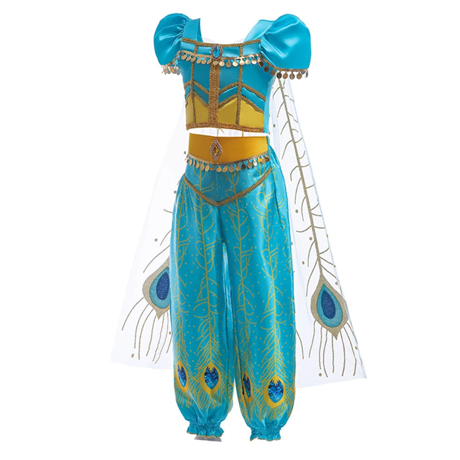 Kid Princess Jasmine Cosplay Dress Aladdin Girl Halloween Birthday Party Magic Lamp 3pcs Set Outfit Christmas Mesh Sequins Suit