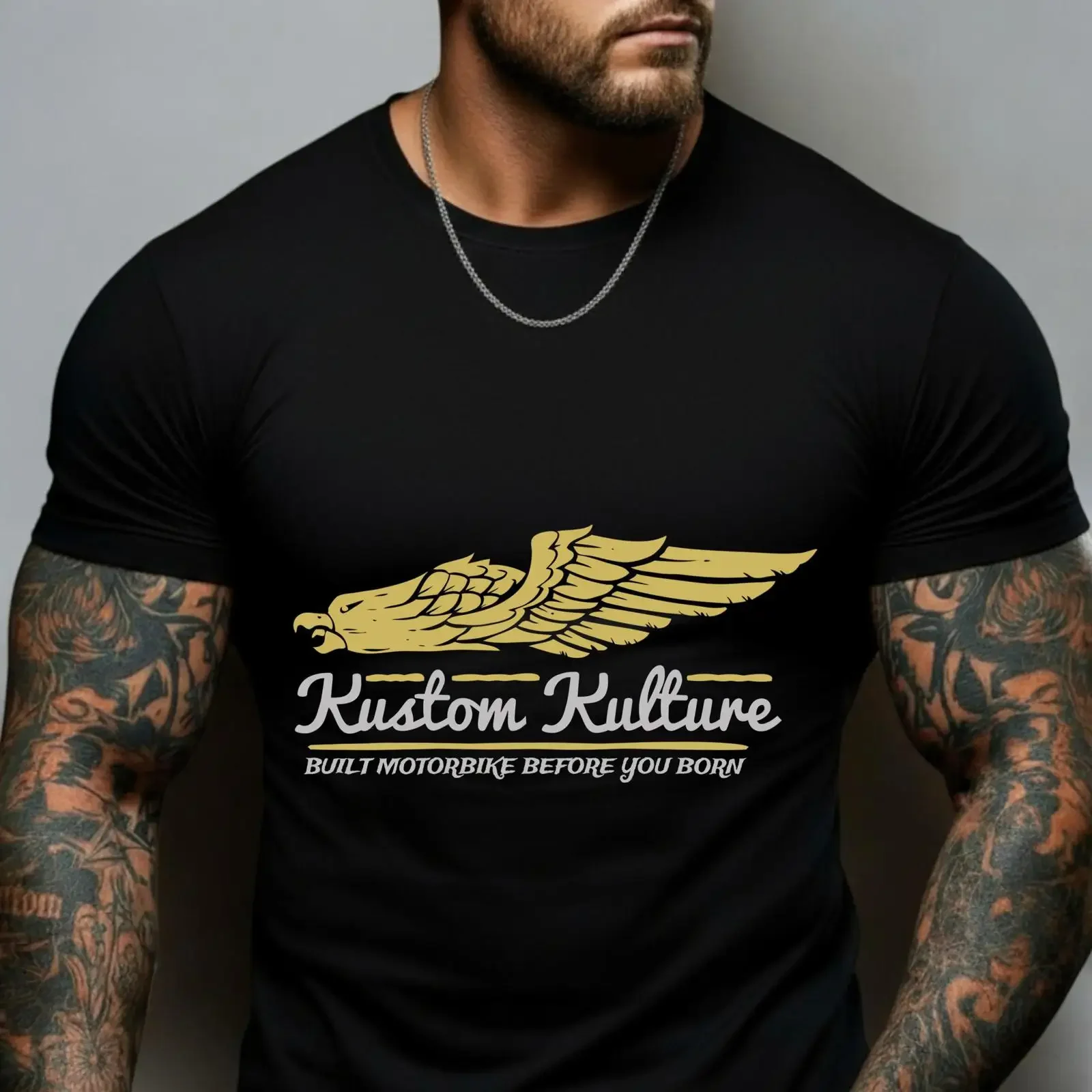 Kustom Kulture Golden Eagle Print T Shirt Vintage Biker Motorbike Old School Rider Casual Top  vintage Washed Soft