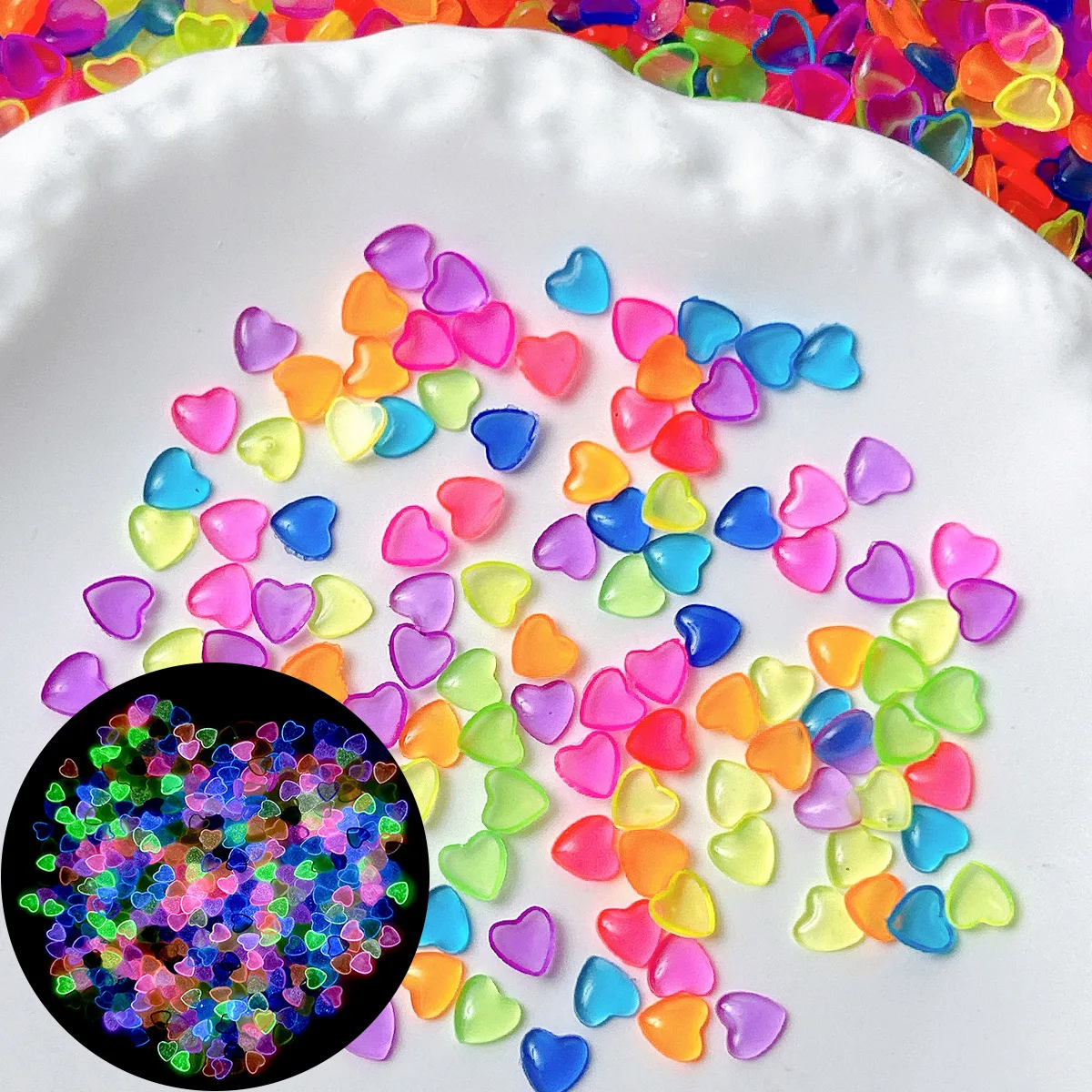 100pc Mix Fluorescent Love Heart Nail Charm Design 3d Nail Art Decorations Kawaii Night Light Peach Heart Manicure Parts Figures