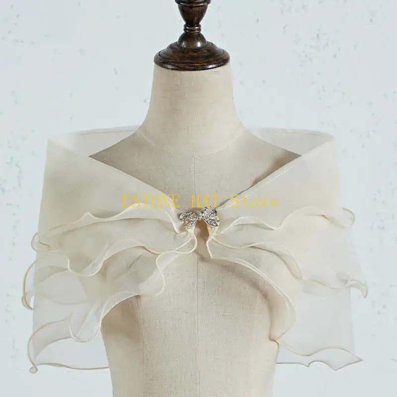 49MF Women Vintage Layered Gauze Shawl Wrap Shrug for Rhinestone Buckle Front Wedding Dress Cover Up Sexy Off Shoulder