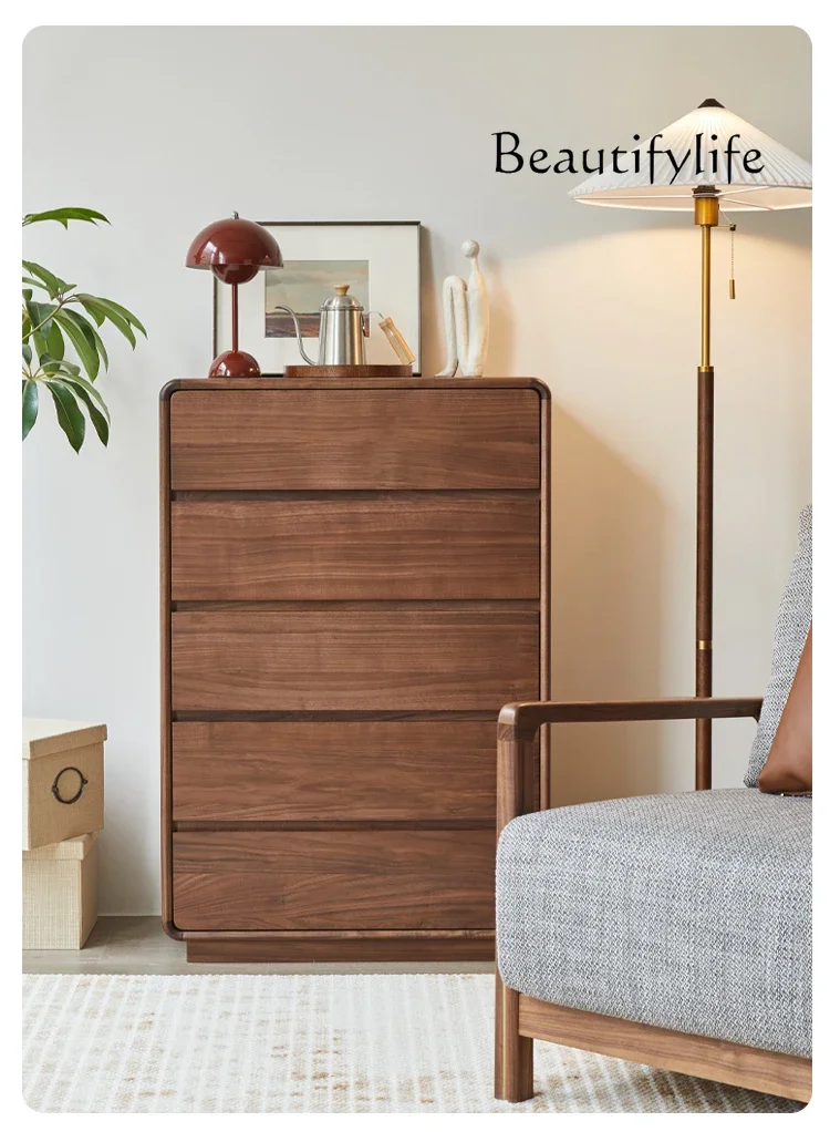 

Black Walnut Five-Drawer Wooden Chest of Drawers Solid Wood Five-Bucket Cabinet Modern Minimalist Drawer Storage Cabinet