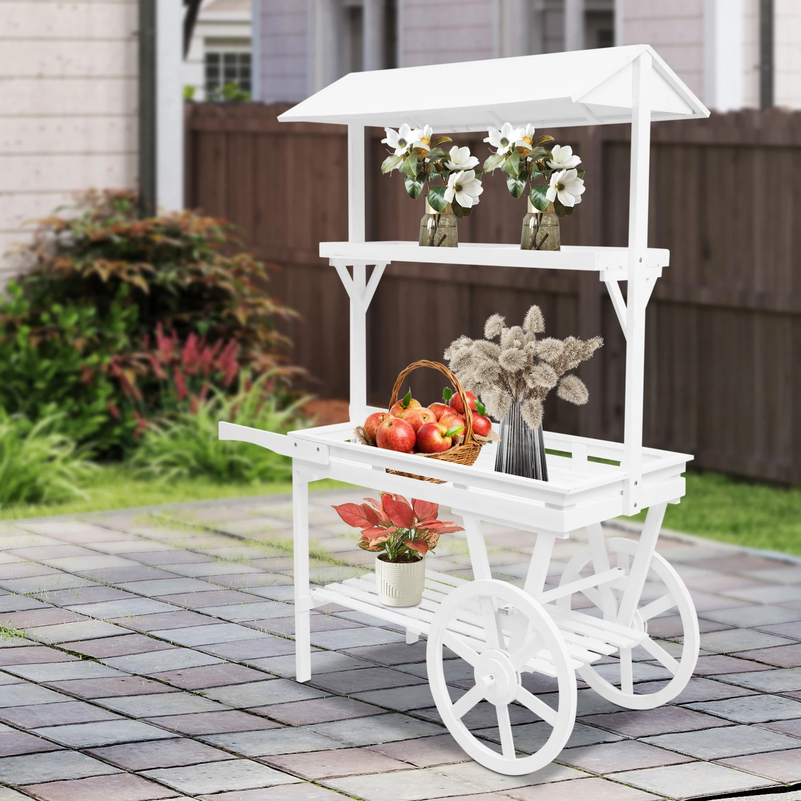 White Cedar Wood Flower Cart Display Stand with 2 Wheels, 3‑Tier Garden Utility Cart for Displaying  Various Flowers, Potted Plants & Food Items