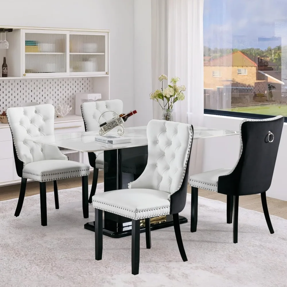 

Leather Dining Chair Set of 4 Upholstered Tufted Dining Room Chair with Nailhead Trim and Solid Wood Legs for Kitchen, Restauran