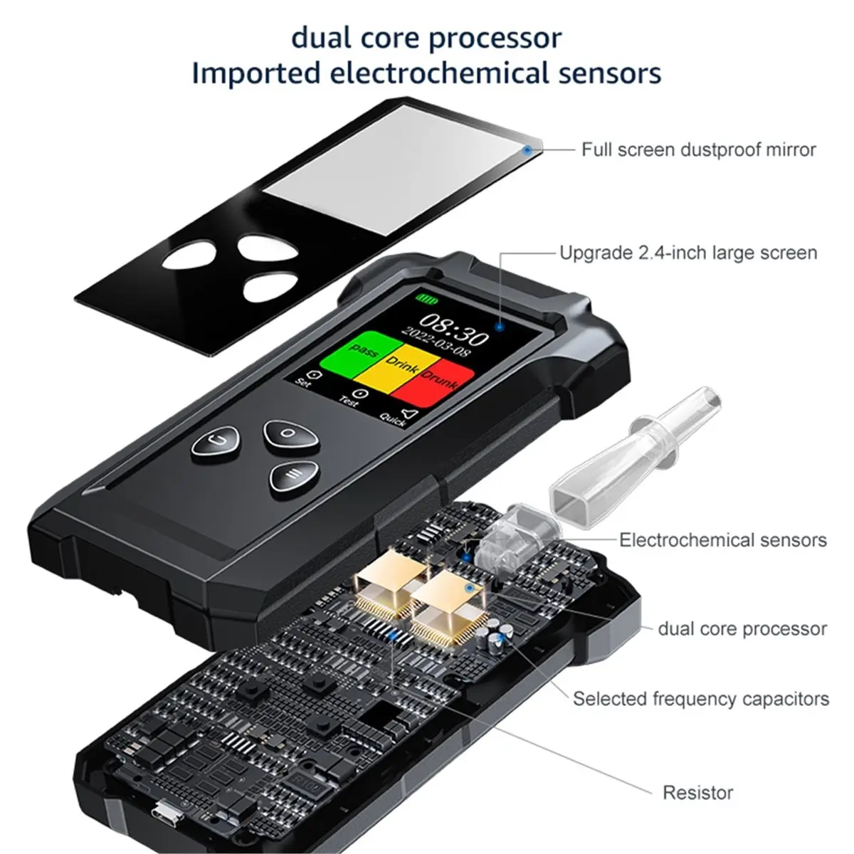 (A99Z] Alcohol Tester, Two Testing Methods (with and Without A Blowpipe) Breathalyzer, Rechargeable Lithium-Ion Battery, Type-C