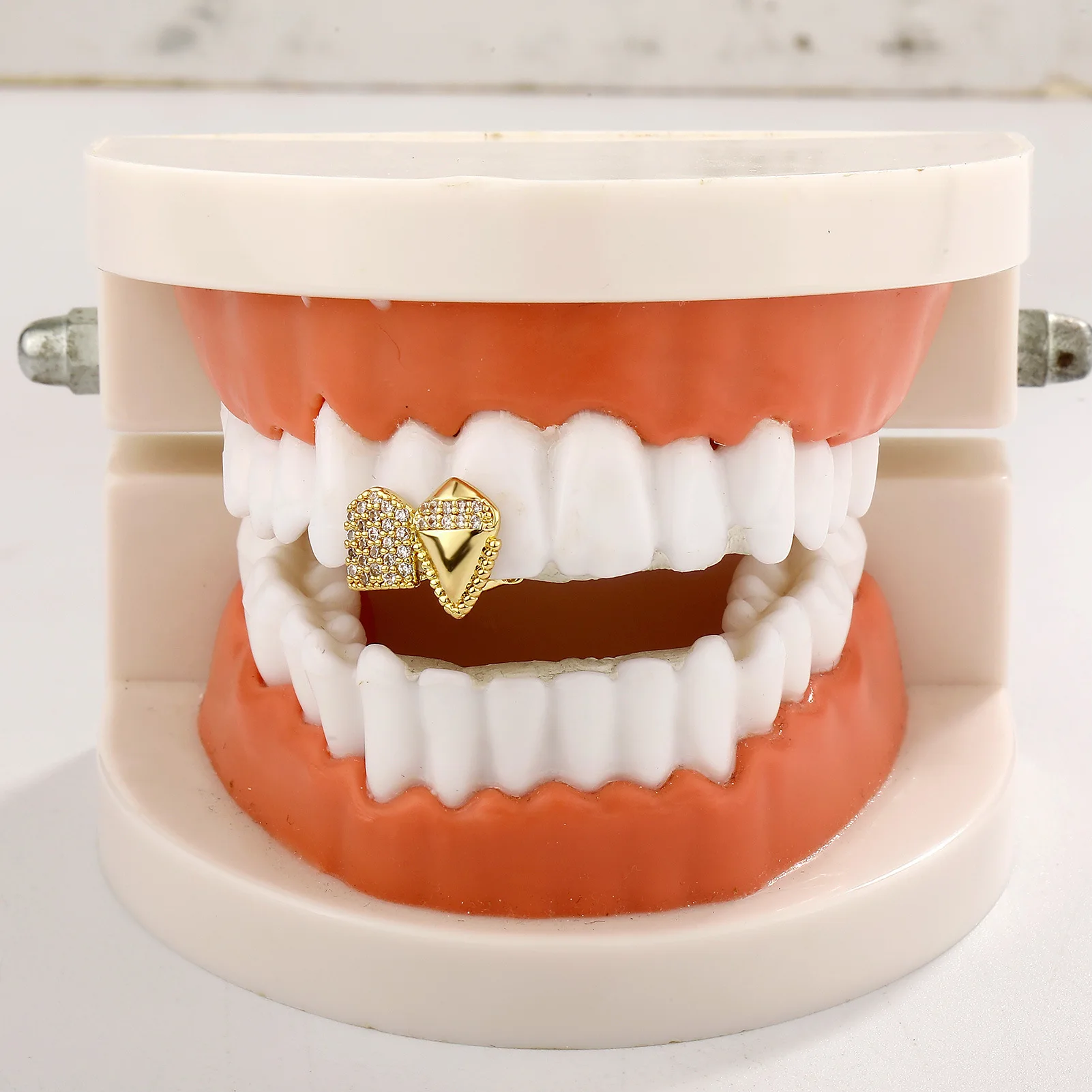 Hip Hop Double Teeth Grillz Set with Full Iced Blue Red US Flag CZ Stones Men's Top & Bottom Sparkling Punk Rapper Jewelry Gift image 3