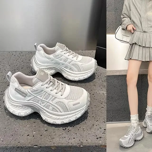 

Women's Dad Shoes round Toe Mesh Breathable Dance Sneakers Leather Upper Fashion Casual Shoes Low Top Sporty Style